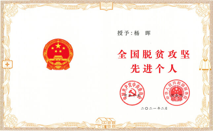 党中央、国务院授予董事长杨晖<br/>“全国脱贫攻坚先进个人”