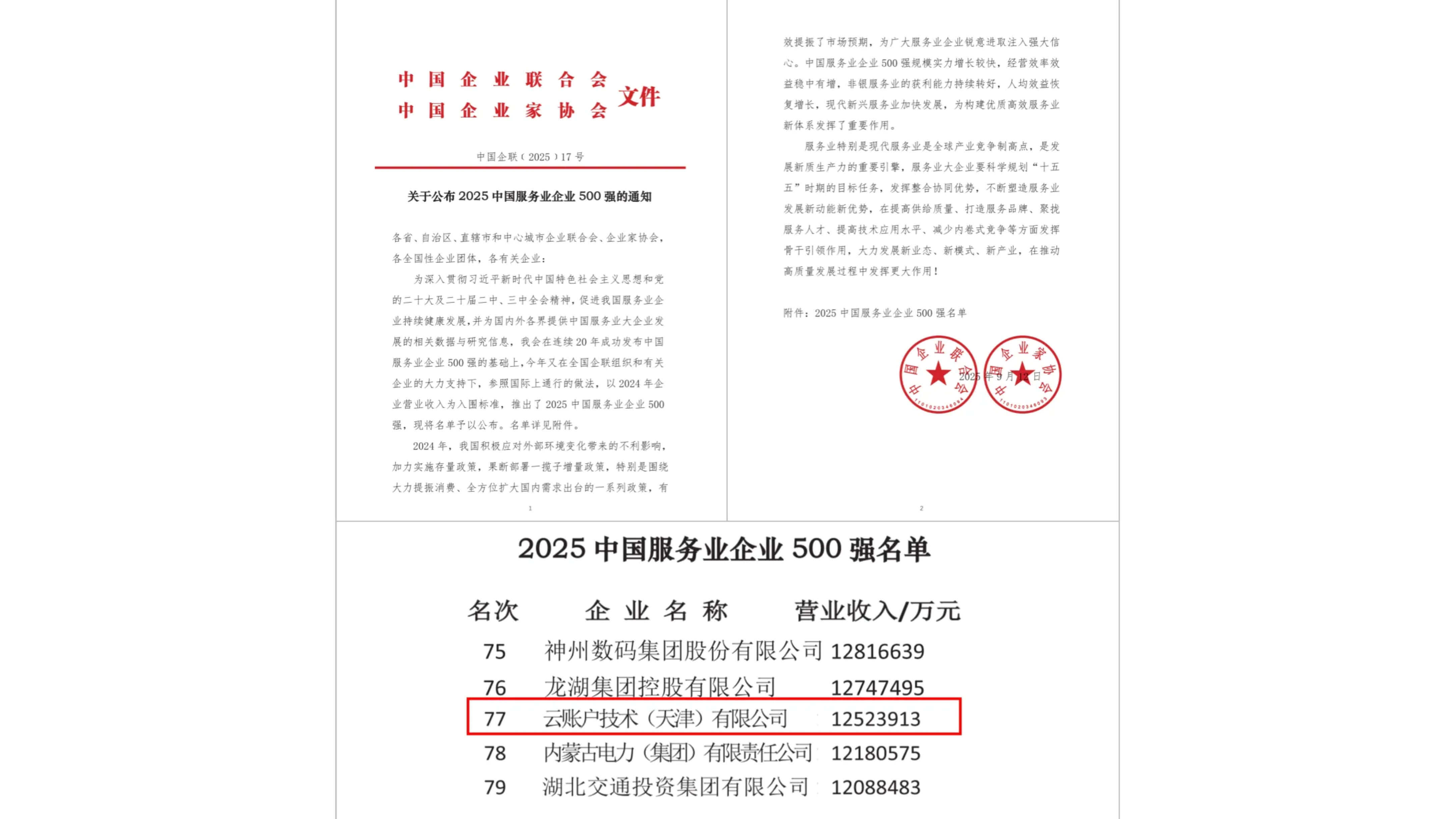 云账户董事长杨晖参加中国服务业企业500强发布活动并发表主题演讲，云账户荣列第77位，较去年上升5位